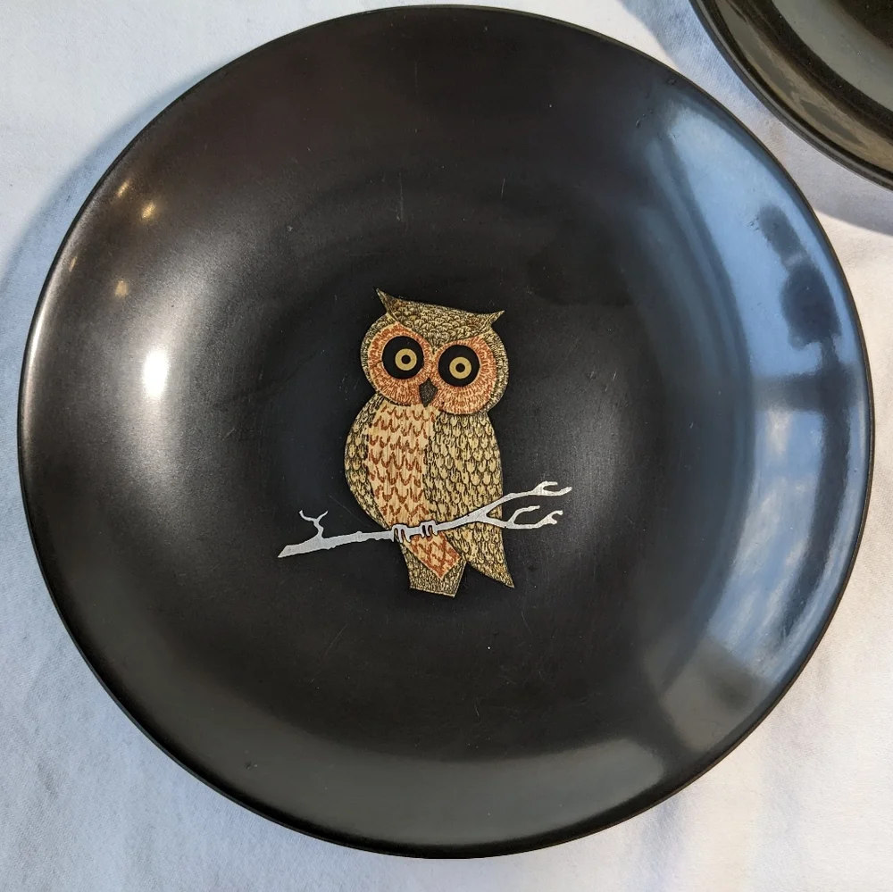 Vintage Couroc Monterey CA Inlaid Wood Owl Black Resin Bowls - 2
